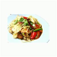 Spicy Noodle · Stir fried noodle with water chestnut, napa, bell pepper, carrot, mushroom, onions and dried...