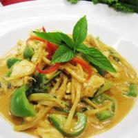 Red Curry · Bamboo shoot, basil, bell pepper, and coconut milk in red curry paste. Gluten free. Vegan.