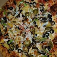 Vegetarian Pizza · Mushrooms, tomatoes, onion, green peppers, black olives, garlic and mozzarella cheese (pinea...