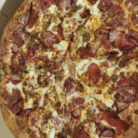 Meat Lovers Pizza · Pepperoni, sausage, ham, bacon, beef, salami and mozzarella cheese.