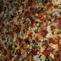 The Works Pizza · Pepperoni, ham, sausage, green peppers, mushrooms, tomatoes, black olives, salami and mozzar...