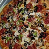 Supreme Pizza · Pepperoni, sausage, mushrooms, olives, green peppers, onions.