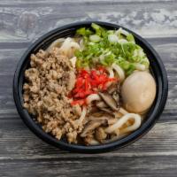Tan Tan Udon · Udon noodles served with spicy ground pork, sliced green onions, shiitake mushrooms, pickled...