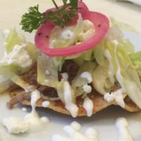 Antojitos · Served with refried beans, lettuce, tomato, queso fresco and sour cream, choose from shredde...