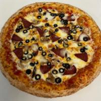 Authentic Italian Pizza · Zaytoon red sauce, mozzarella, salami, mushrooms, olives and fresh goat cheese.