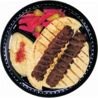 3. Beef Lula and Hummus · Served with hummus, pickled turnip, 2 slices of pita bread.