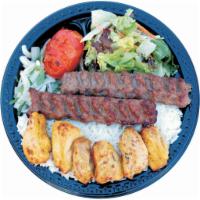 17. Beef Lula and Chicken Shish · Beef lula and chicken shish combination served with basmati rice, green salad, broiled tomat...