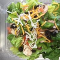 Garden Salad · Romaine lettuce, mushrooms, red onions, olives, bell peppers, tomatoes and cheddar cheese. S...