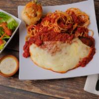 Chicken Parmigiana · Topped with our homemade sauce and 100% whole milk mozzarella. Served with a side of spaghet...