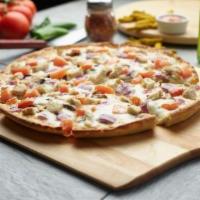 6. Garlic Chicken Pizza · White sauce, cheese, garlic chicken, tomatoes, mushrooms, red onions and chopped garlic.