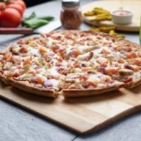 7. BBQ Chicken Pizza · BBQ sauce, chicken, crunchy bacon, tomatoes and red onions.