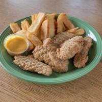 Chicken Tender Platter · Large portion of chicken tenders served with BBQ and honey mustard sauces with fries.