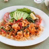 Shrimp Diablo · Shrimp sauteed with onions and peppers in a chipotle chile salsa, poblano rice, avocado, cil...