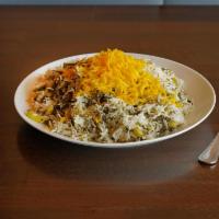 30. Baghali Polo lamb shank · Halal. Basmati rice mixed with herbs, fresh dill and baby lima beans. Served with lamb shank.