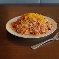 6. Vegetarian Zereshk Polo · Rice mixed with barberries, saffron and fried onion. Served with basmati rice.
