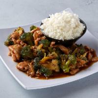 60. Chicken with Broccoli · Served with white rice.