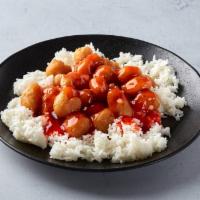 86. Sweet and Sour Chicken · Served with white rice.