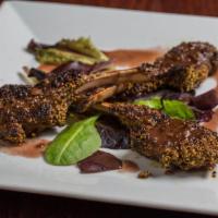 Pistachio Crusted Lamb Chops · 3-Pistachio crusted lamb chops seared to perfection finished with a port wine demi-glace dri...