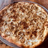 Clam Up Pie · House Made Fresh Mozzarella, Fresh Clam Sauce Topped with Oreganata Breadcrumbs (Red or White)