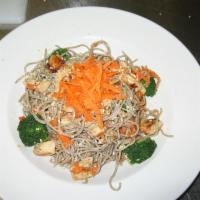Japanese Noodle Salad · Buckwheat noodles, green onions, broccoli, carrots, sesame seeds and avocado with ginger soy...