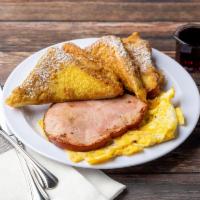 French Toast Combo · 4 slices of French toast, 2 eggs, bacon, ham or sausage.