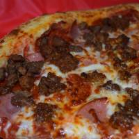 All Meat Pizza · Pizza sauce, pepperoni, Canadian bacon, sausage, beef.