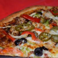 Texas BBQ Pizza · BBQ sauce, chicken, onions, jalapenos, red and green bell peppers.
