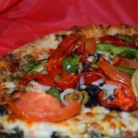 Veggie Pizza · Pizza sauce, mushrooms, onions, black and green olives, red and green bell peppers, fresh to...