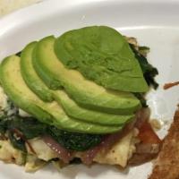 Veggie Omelette · Spinach, mushrooms, tomatoes, olive, bell peppers, avocado, and onions. Served with a side o...