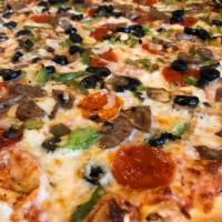 The Works Pizza · Pepperoni, sausage, green peppers, onions, mushrooms, black olives, garlic.