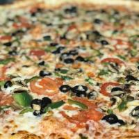 The Veggie Pizza · Tomatoes, onions, green peppers, black olives, mushrooms and garlic.