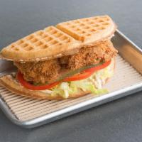 Crispy Chicken Sandwich · Double dipped fried bread, shredded romaine, tomato, pickles and Bruxie sauce. Fresh, never ...