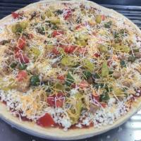 Chicken Fajita Pizza · Our original tomato sauce, mozzarella cheese, grilled marinated chicken breast, onions, gree...