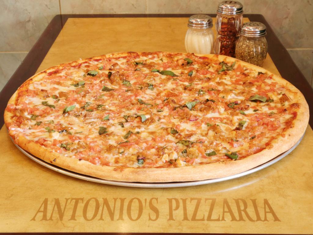 Chicken Fresa Pizza ( please try to tip in cash ) · Red onions, fresh tomatoes, basil, garlic and chicken.