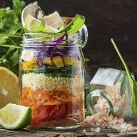 Salad in the Jar · Cous cous, chickpeas, cherry tomatoes, black olives, carrots and mix spring salad.