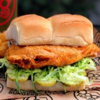Bad Mutha Clucka · Beer battered or grilled chicken breast, lettuce, pickles, and miso ranch. Hormone and antib...