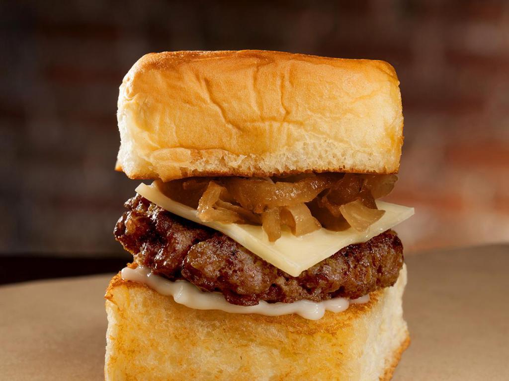 Cheeseburger Slider · Angus beef, mayo, white American cheese, and caramelized onions. Served on King's Hawaiian roll.