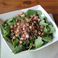 Super Kalinoa Salad · Kale, quinoa, chick peas, red onions, lemon and olive oil.
