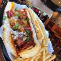 Curry Dog (Hot Link) · Curry, nacho cheese, bacon (comes with small fries)