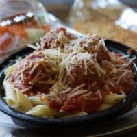 Meatball with Marinara over Ziti · Served with garlic bread and small garden or Caesar salad.