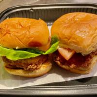 LITTLE CHICKEN SANDWICH (2 pieces) · buttermilk fried, herb parmesan mayo, American, lettuce and tomato
