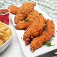 Crispy Chicken Strips and Fries · 5 all-white meat crispy chicken strips. Served with honey mustard dipping sauce and seasoned...