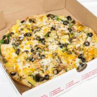 Greek Pizza · Chicken, spinach, mushrooms, black olives, mozzarella, Parmesan cheese, oregano and Alfredo ...
