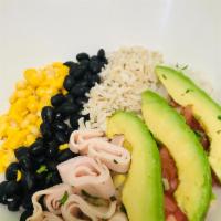 The works bowl · Enjoy 3 of our protein options in a bed of greens and rice-lentils. Perfect selection of veg...
