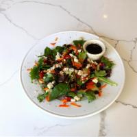House Salad · Organic spring mix, cherry tomato, carrot, raisin, blue cheese crumble with homemade sherry ...