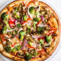 Vegetarian Pizza · Homemade red sauce, mixed blend cheese, eggplant, broccoli, mushroom, red bell peppers, garl...