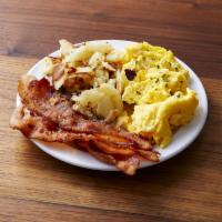 Mini Breakfast · 3 eggs, hash browns with 3 bacon strips or 3 sausage links or 1 slice of ham with toast and ...