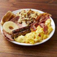 House Special · 3 eggs, hash browns with 2 bacon strips, 2 sausage links and a slice of ham. Garnished with ...