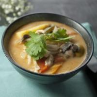 Tom Ka Gai Soup · Thai style, chicken or shrimp, coconut, soup, lime juice, pepper, mushroom onion and herbs.