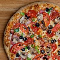 Pepperoni's Special Pizza · Pepperoni, Canadian bacon, mushrooms, green peppers, black olives and tomatoes.